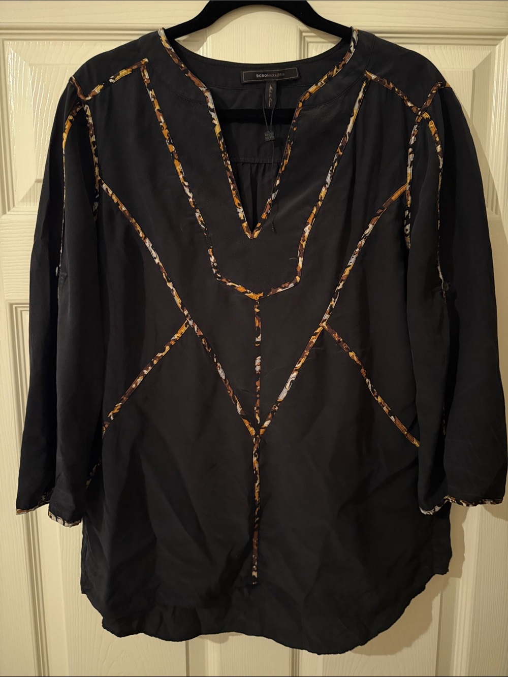 BCBGMaxAzria Black Blouse with Gold-Patterned Trim
